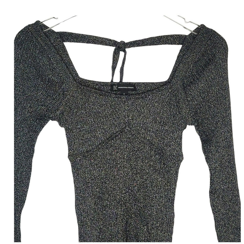 INC Black Metallic Square Neck Long‎ Sleeve Top Party Tie Neck Y2K Small